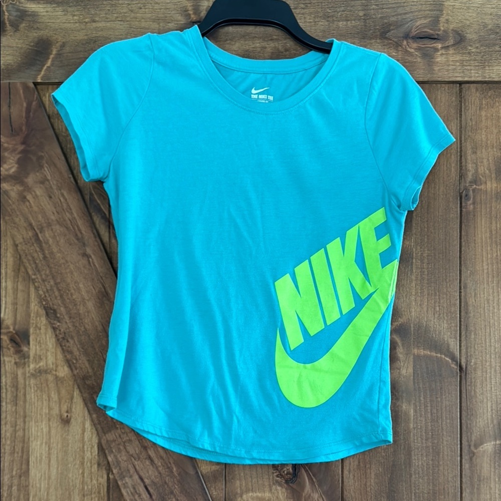 Nike Tee Athletic Cut‎ TShirt Turquoise Neon Green Swoosh Girls XL